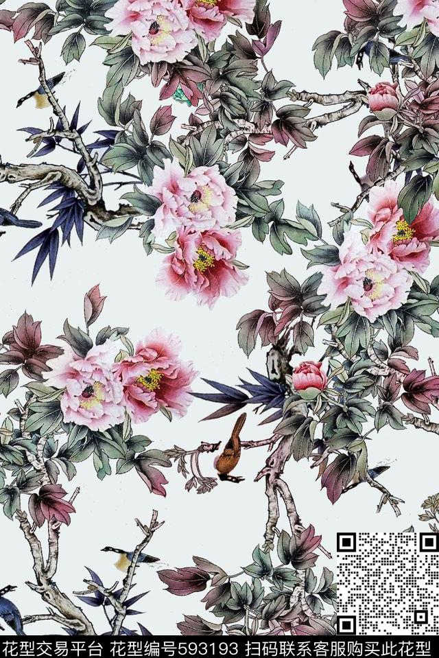 花卉牡丹中国风数码印花华亿平台下载（图片编号: 593193） - 瓦栏（Walan）