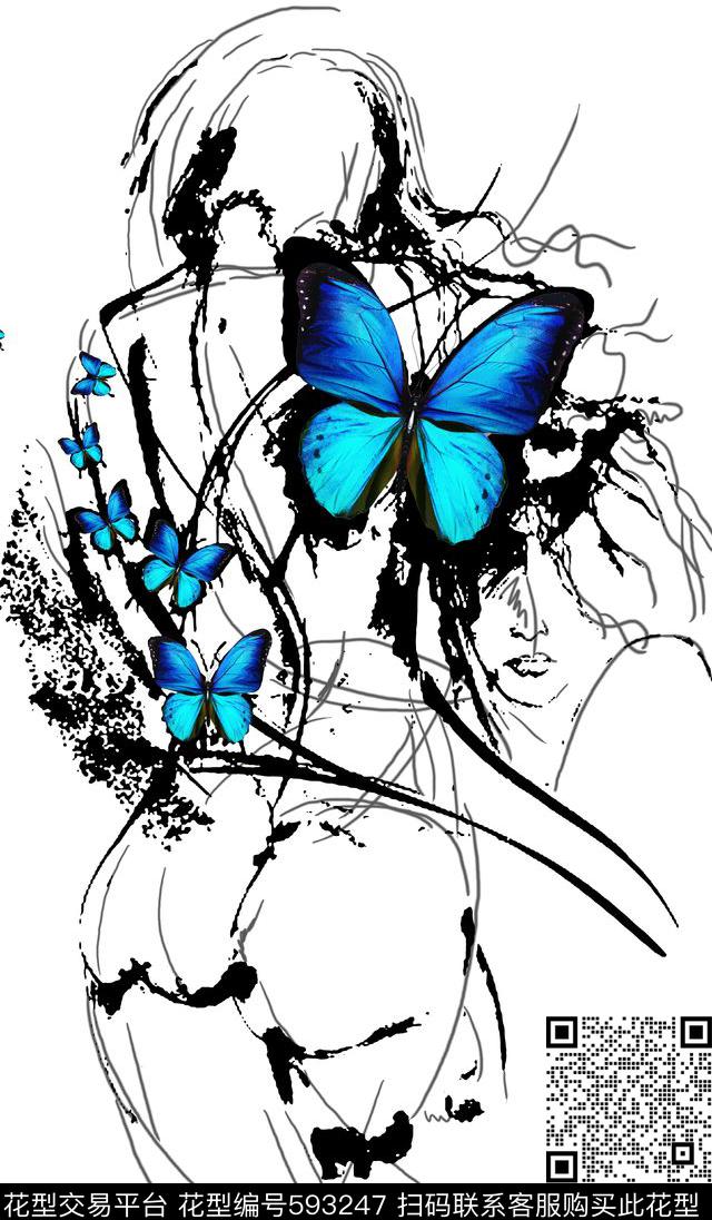 人体速写手绘蝴蝶传统印花华亿平台下载（图片编号: 593247） - 瓦栏（Walan）
