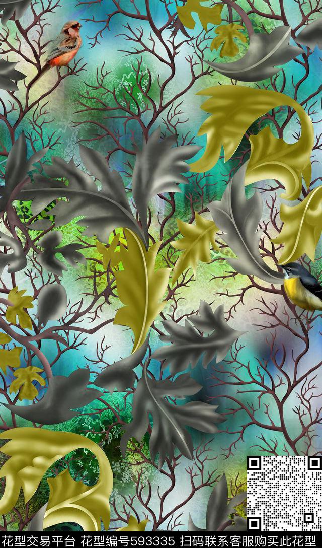 热带卷草纹手绘数码印花华亿平台下载（图片编号: 593335） - 瓦栏（Walan）