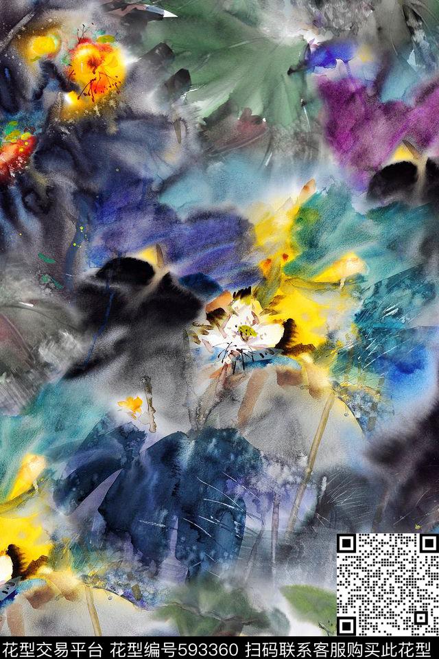 水彩水墨荷花数码印花华亿平台下载（图片编号: 593360） - 瓦栏（Walan）