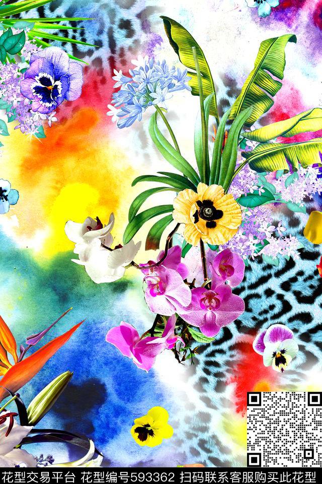 花卉棕榈豹纹数码印花华亿平台下载（图片编号: 593362） - 瓦栏（Walan）