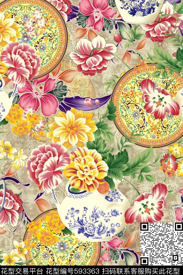 卷草纹民族风青花瓷数码印花华亿平台下载（图片编号: 593363） - 瓦栏（Walan）