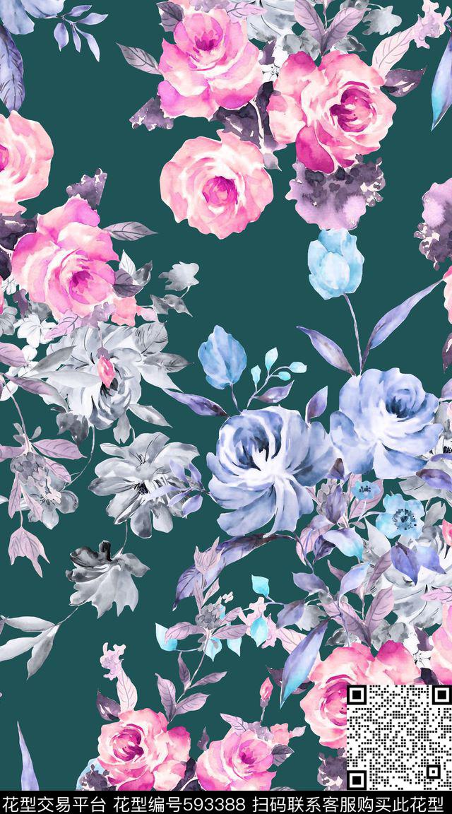 纯底水彩花卉数码印花华亿平台下载（图片编号: 593388） - 瓦栏（Walan）