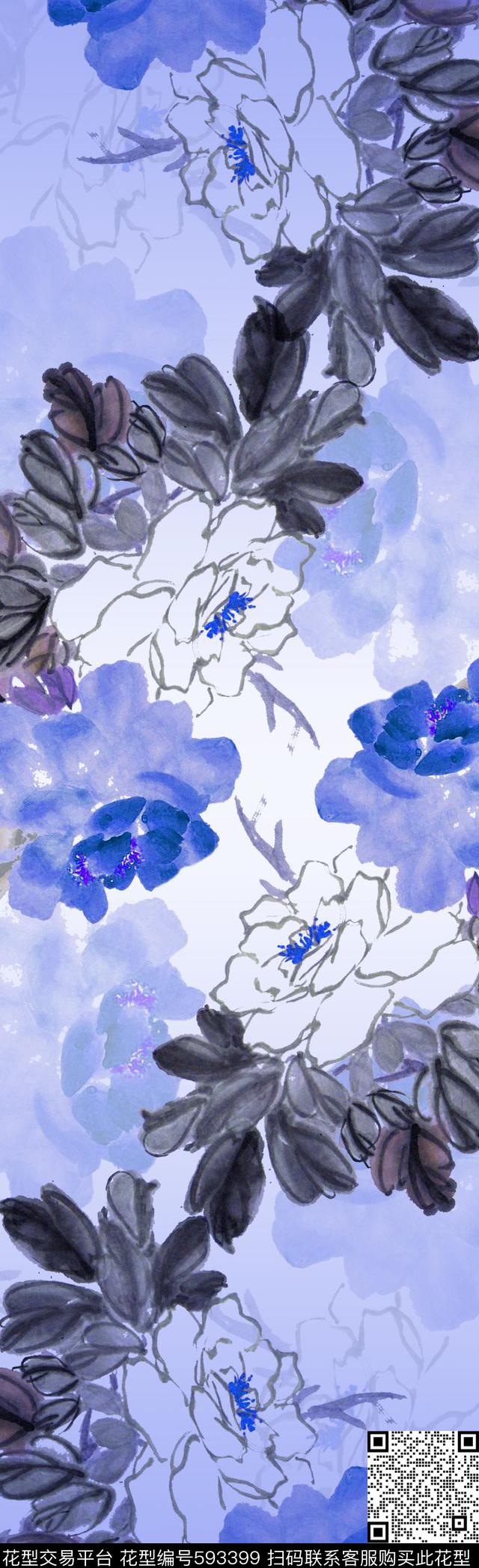 牡丹花朵围巾数码印花华亿平台下载（图片编号: 593399） - 瓦栏（Walan）