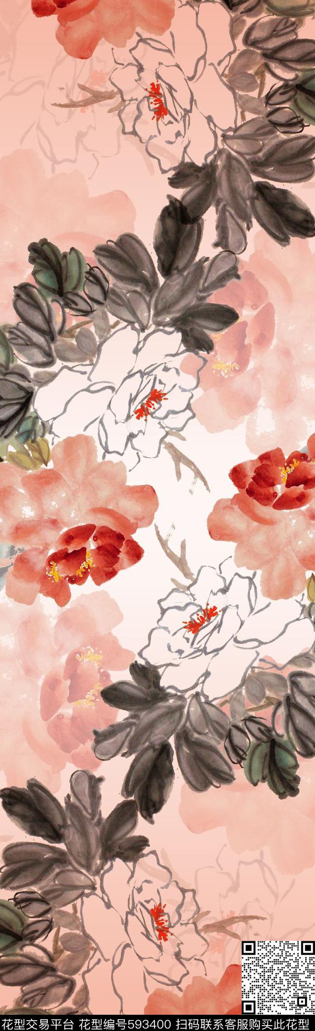 牡丹花朵围巾数码印花华亿平台下载（图片编号: 593400） - 瓦栏（Walan）