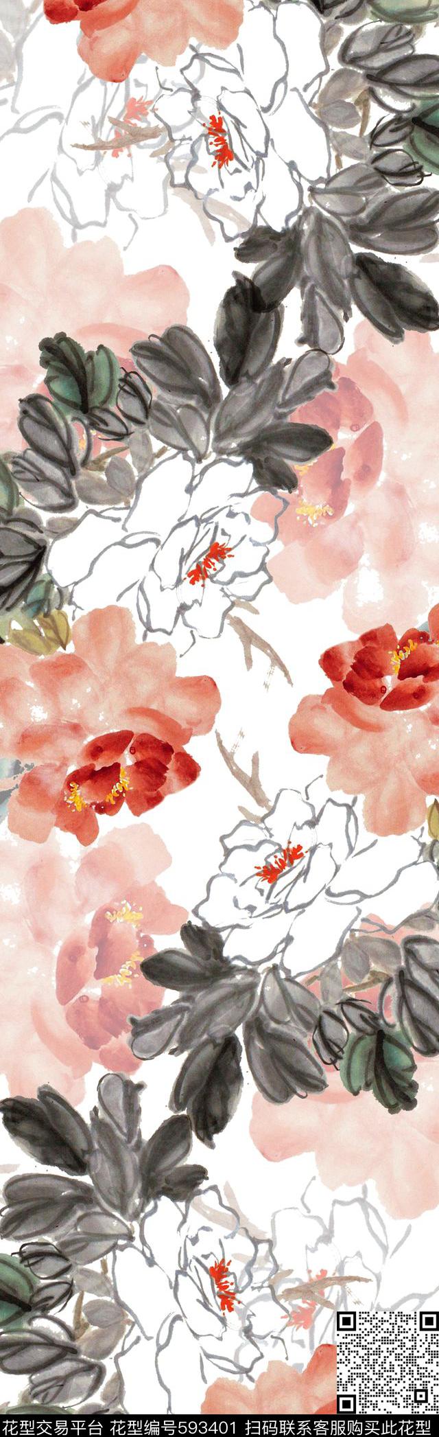 牡丹花朵围巾数码印花华亿平台下载（图片编号: 593401） - 瓦栏（Walan）