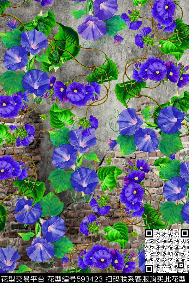服装牵牛花花卉数码印花华亿平台下载（图片编号: 593423） - 瓦栏（Walan）
