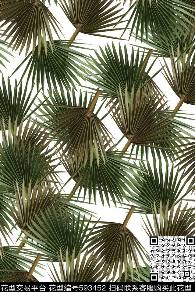 棕榈叶热带阔叶数码印花华亿平台下载（图片编号: 593452） - 瓦栏（Walan）