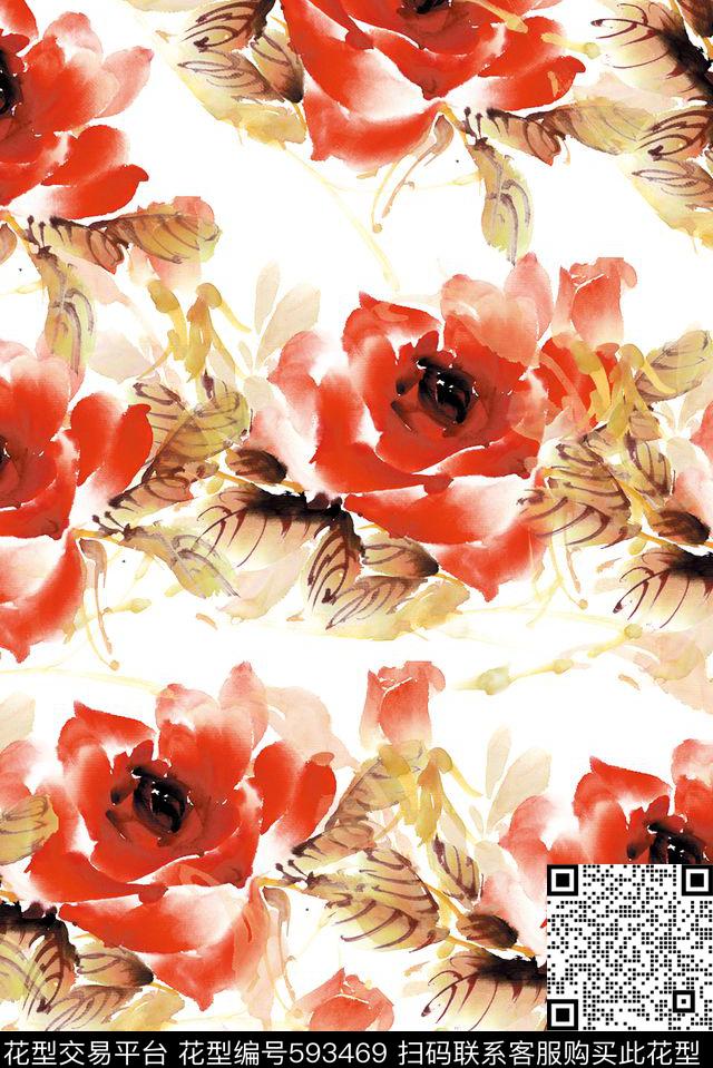 水墨水彩花卉数码印花华亿平台下载（图片编号: 593469） - 瓦栏（Walan）