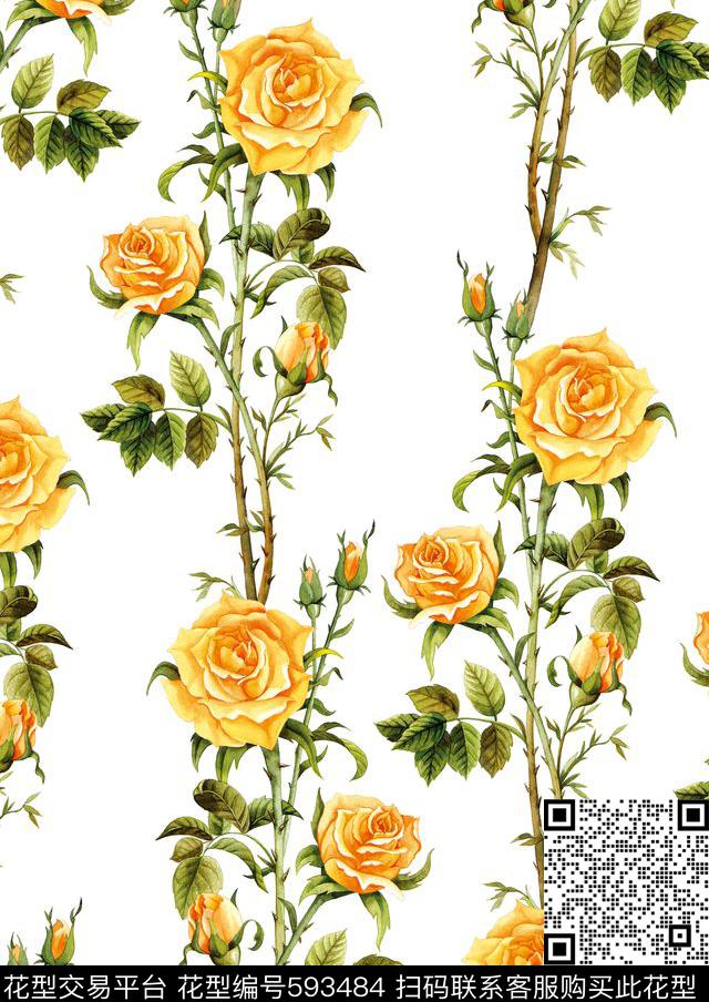 时尚花卉玫瑰数码印花华亿平台下载（图片编号: 593484） - 瓦栏（Walan）