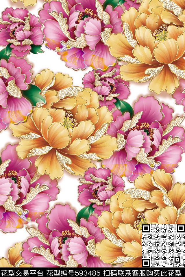 牡丹花卉富贵数码印花华亿平台下载（图片编号: 593485） - 瓦栏（Walan）