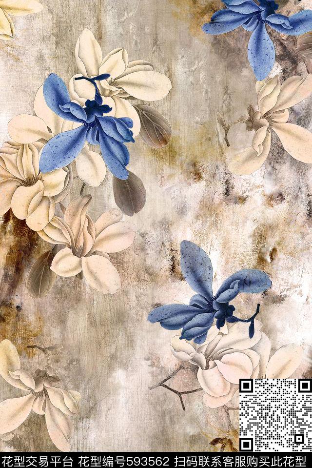 中国风素雅玉兰花数码印花华亿平台下载（图片编号: 593562） - 瓦栏（Walan）