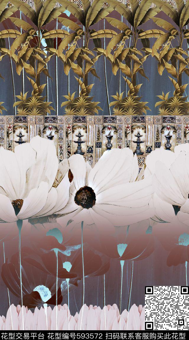 棕榈叶欧式花纹花卉数码印花华亿平台下载（图片编号: 593572） - 瓦栏（Walan）