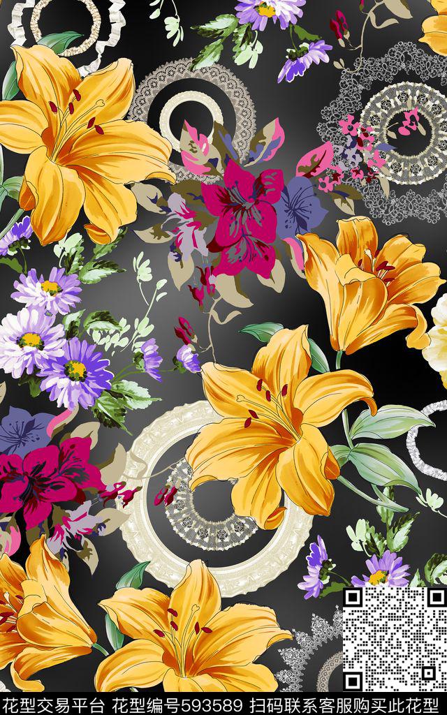 雏菊花朵圆数码印花华亿平台下载（图片编号: 593589） - 瓦栏（Walan）