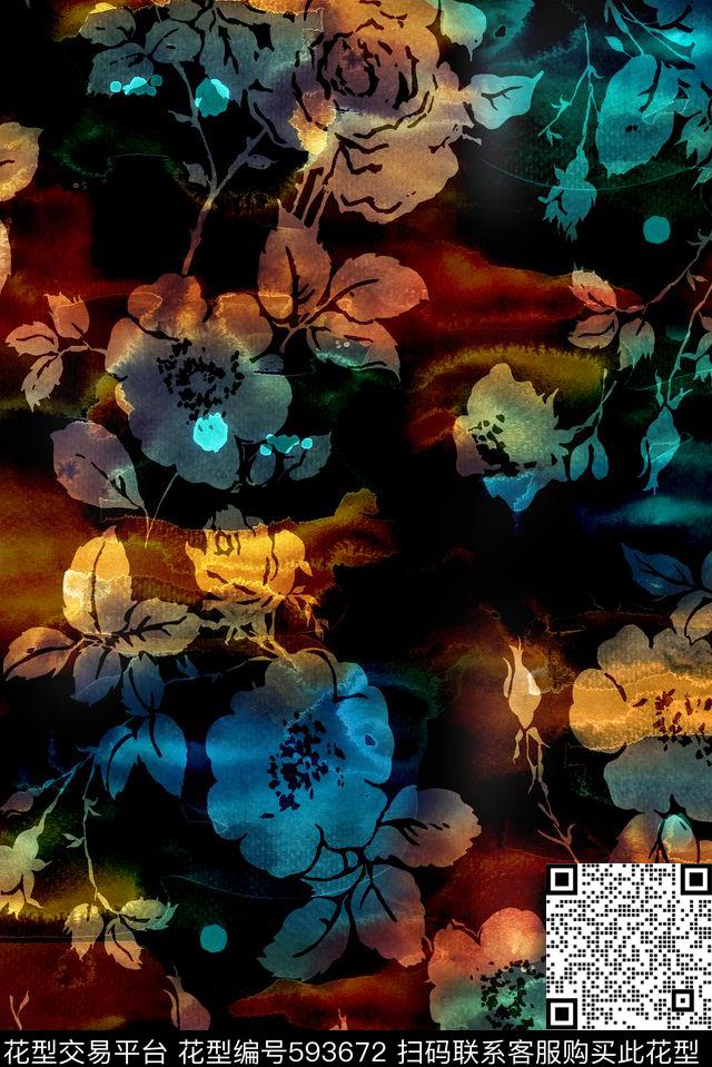 原创时尚大牌手绘水彩波纹炫彩时尚花卉数码印花华亿平台下载（图片编号: 593672） - 瓦栏（Walan）