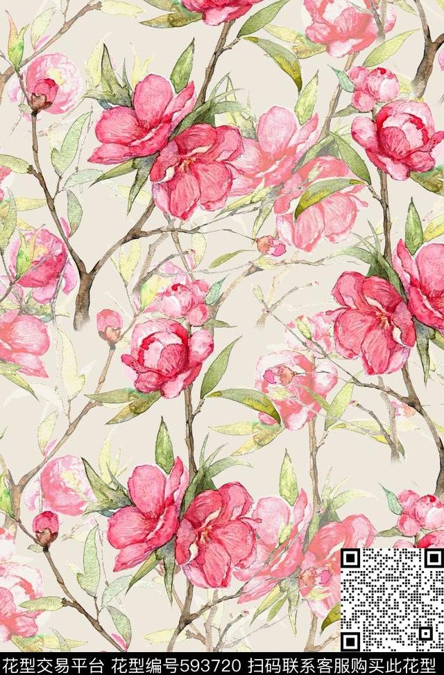 时尚手绘印花油画清爽中国风数码印花华亿平台下载（图片编号: 593720） - 瓦栏（Walan）