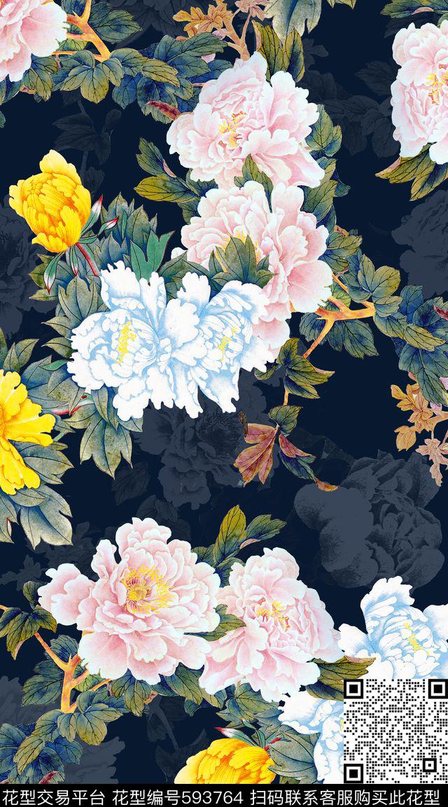 中国风牡丹花朵数码印花华亿平台下载（图片编号: 593764） - 瓦栏（Walan）