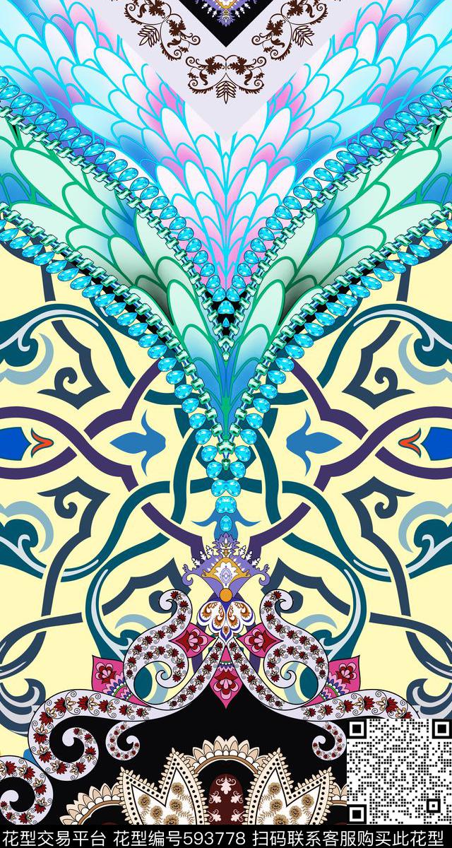 定位花传统花纹佩斯利数码印花华亿平台下载（图片编号: 593778） - 瓦栏（Walan）