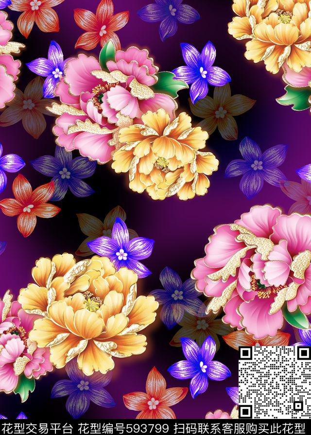 乱花牡丹花朵数码印花华亿平台下载（图片编号: 593799） - 瓦栏（Walan）