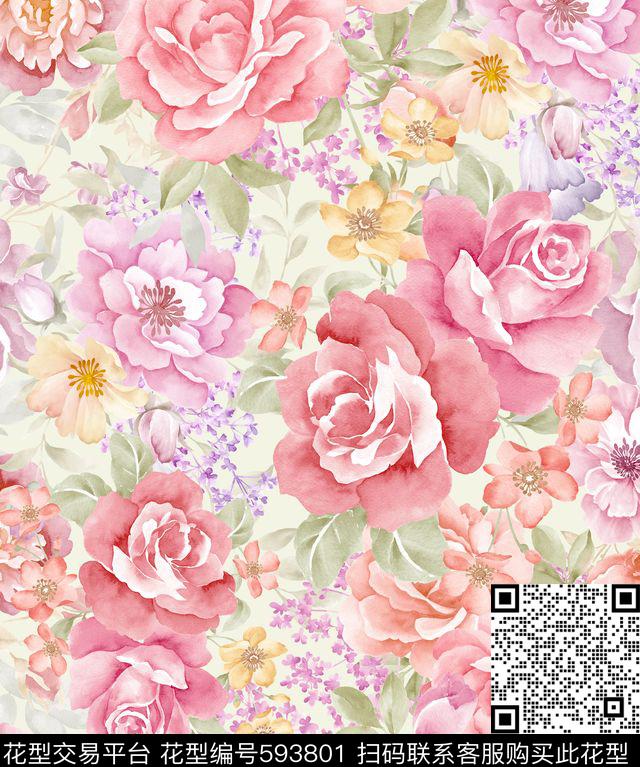 手绘水彩花卉小清新沙发布艺数码印花华亿平台下载（图片编号: 593801） - 瓦栏（Walan）