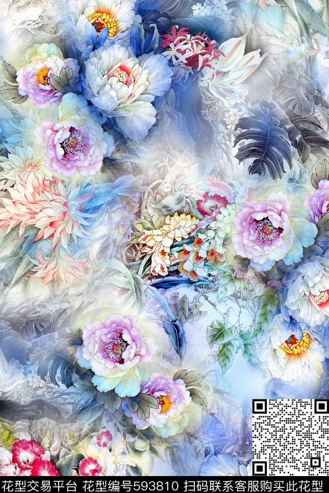 花卉水墨中国风数码印花华亿平台下载（图片编号: 593810） - 瓦栏（Walan）