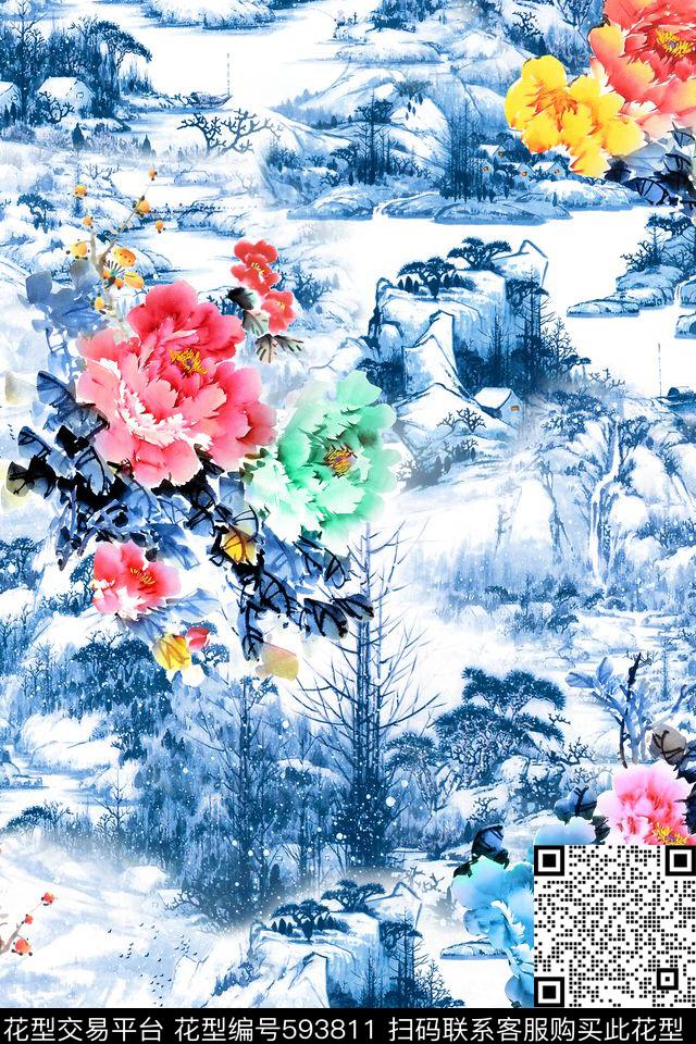 牡丹花山水画数码印花华亿平台下载（图片编号: 593811） - 瓦栏（Walan）