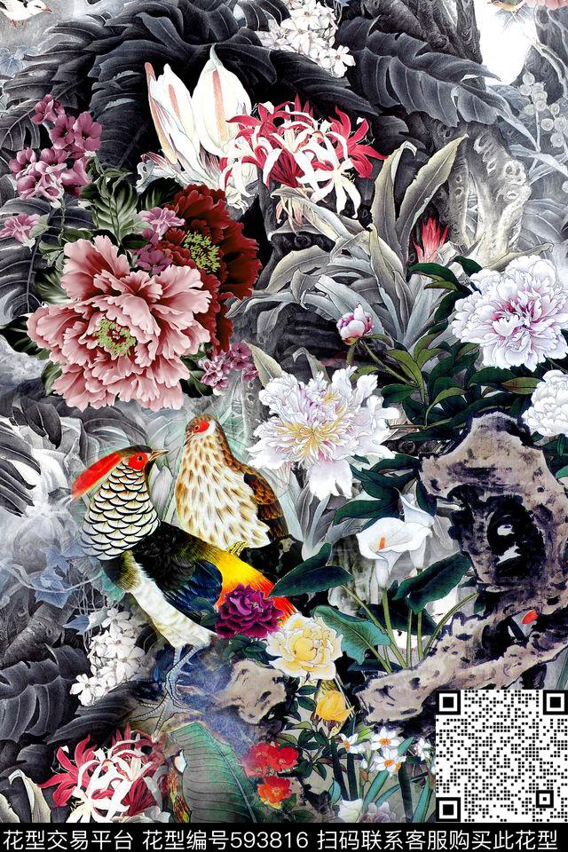 VIP华亿平台中国风牡丹花数码印花华亿平台下载（图片编号: 593816） - 瓦栏（Walan）
