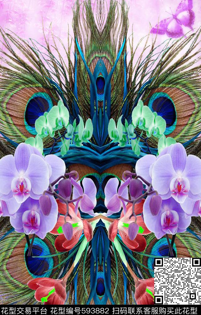 蝴蝶兰、热带植物、孔雀毛数码印花华亿平台下载（图片编号: 593882） - 瓦栏（Walan）