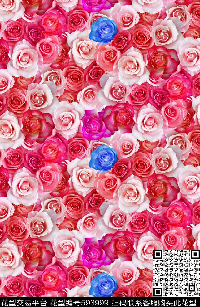 绚丽花卉花卉玫瑰花朵数码印花华亿平台下载（图片编号: 593999） - 瓦栏（Walan）