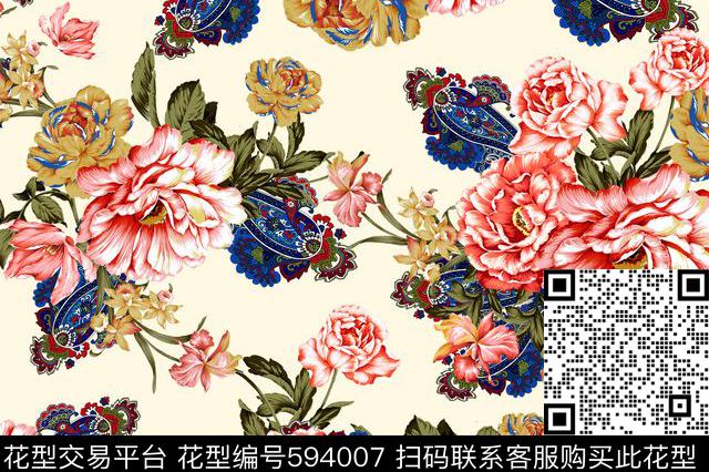 大朵花卉复古花卉数码印花华亿平台下载（图片编号: 594007） - 瓦栏（Walan）