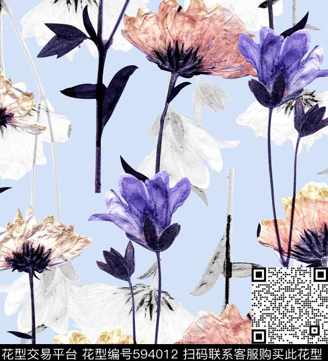 女装欧美花朵手绘花数码印花华亿平台下载（图片编号: 594012） - 瓦栏（Walan）
