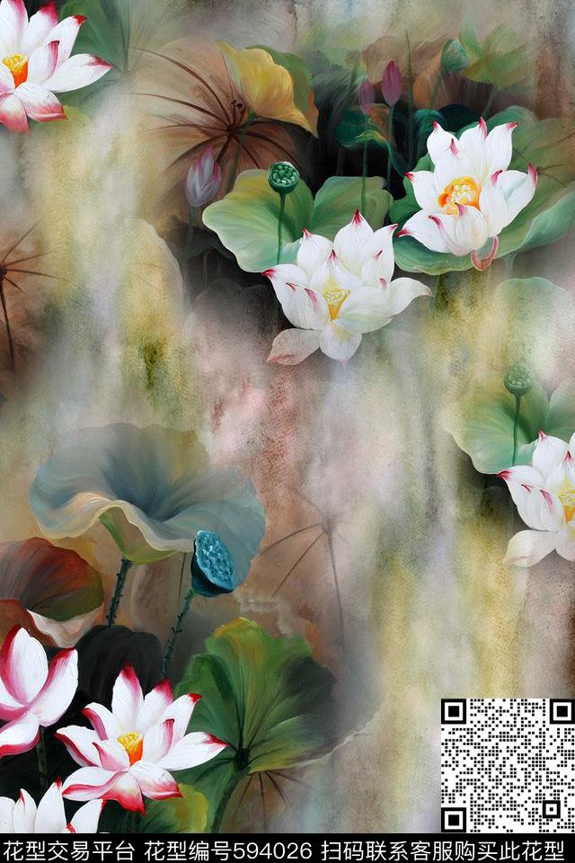 油画荷花连衣裙立体数码印花华亿平台下载（图片编号: 594026） - 瓦栏（Walan）