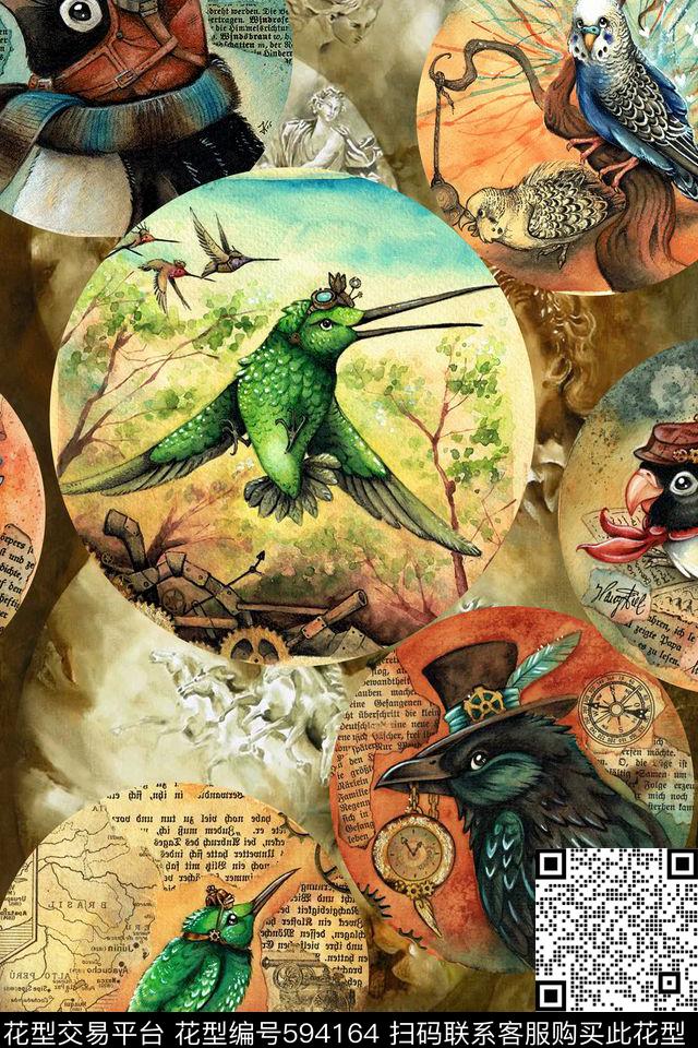 复古鸟水彩数码印花华亿平台下载（图片编号: 594164） - 瓦栏（Walan）