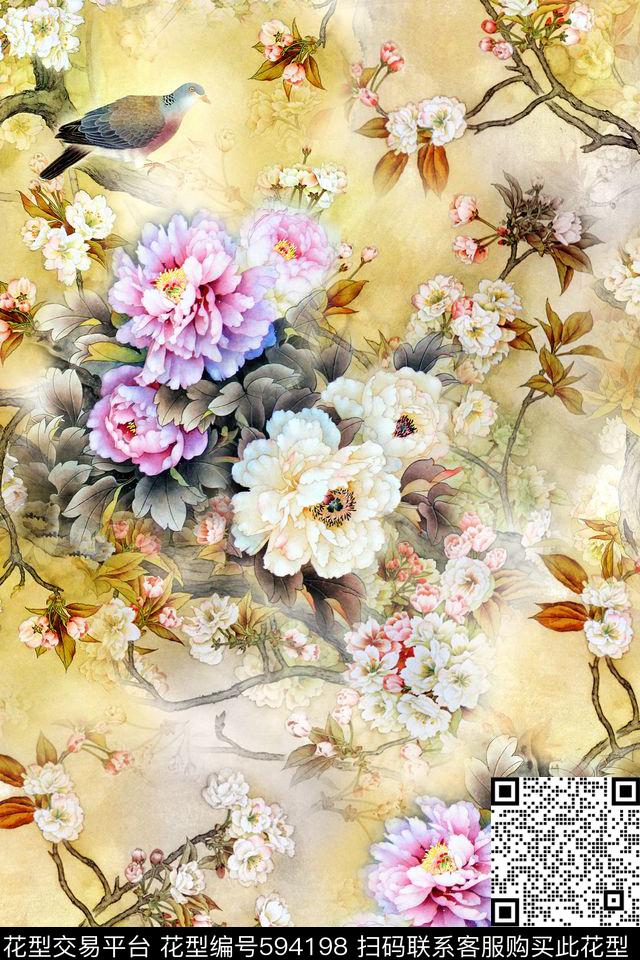 花鸟水墨中国风数码印花华亿平台下载（图片编号: 594198） - 瓦栏（Walan）