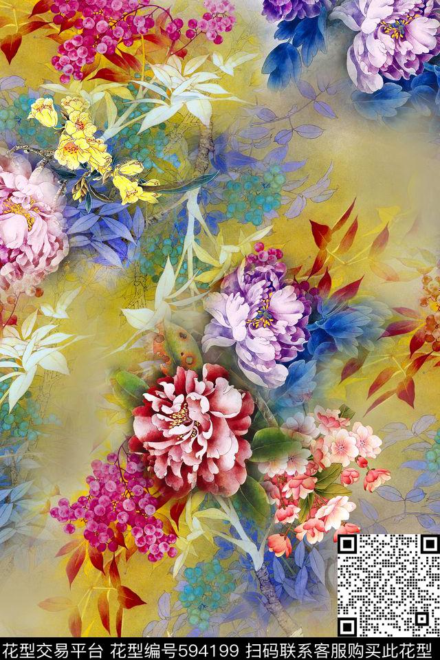 水墨中国风牡丹数码印花华亿平台下载（图片编号: 594199） - 瓦栏（Walan）