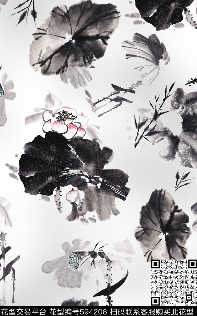 莲叶水墨中国风传统印花华亿平台下载（图片编号: 594206） - 瓦栏（Walan）