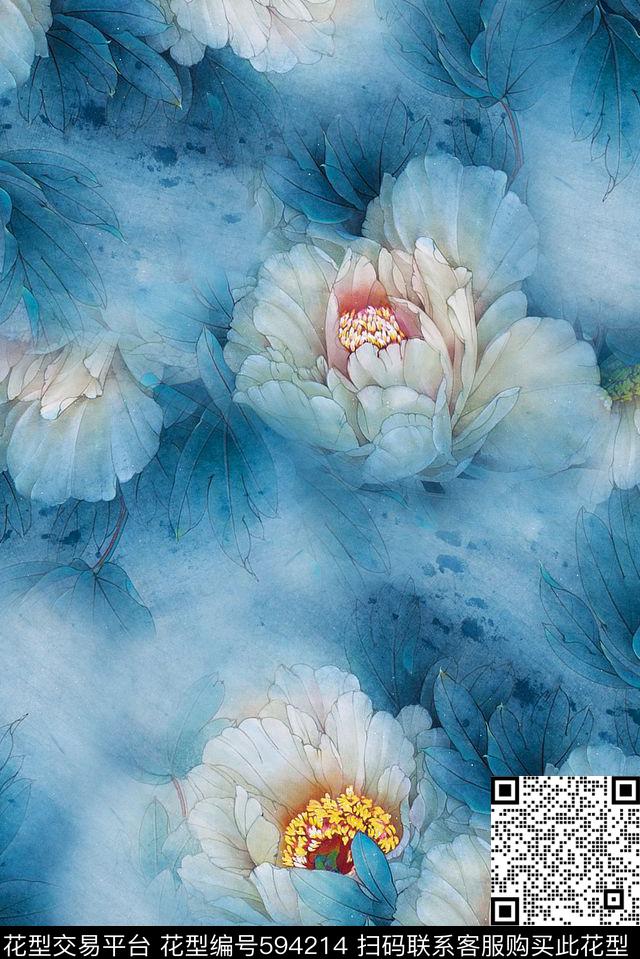 牡丹花朵花卉数码印花华亿平台下载（图片编号: 594214） - 瓦栏（Walan）