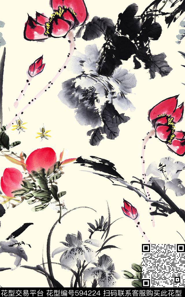 中国风牡丹兰花数码印花华亿平台下载（图片编号: 594224） - 瓦栏（Walan）