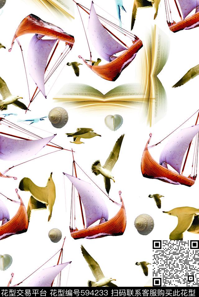 贝壳帆船海鸥数码印花华亿平台下载（图片编号: 594233） - 瓦栏（Walan）