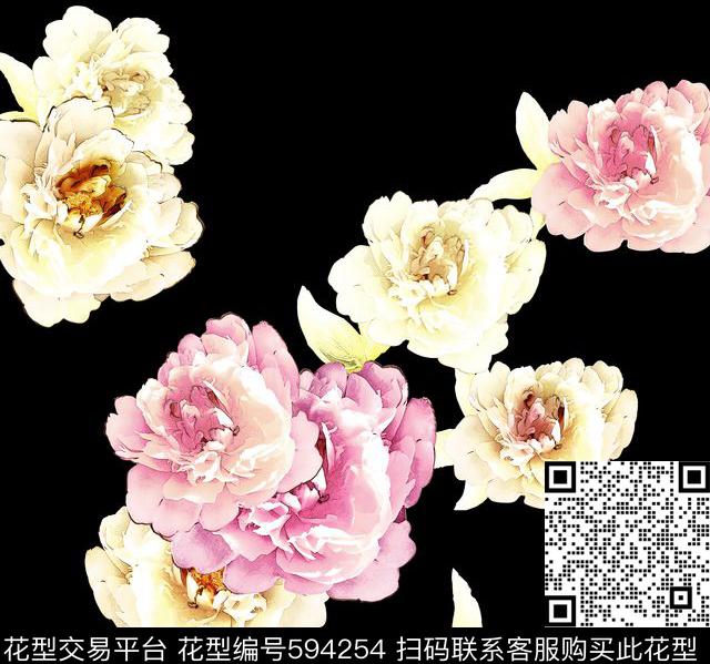 牡丹中国风大花数码印花华亿平台下载（图片编号: 594254） - 瓦栏（Walan）