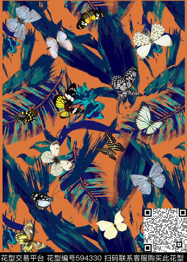 蝴蝶棕榈叶热带数码印花华亿平台下载（图片编号: 594330） - 瓦栏（Walan）