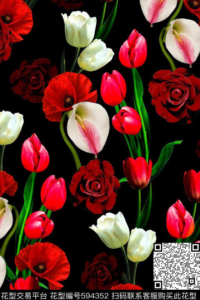 花朵玫瑰郁金香数码印花华亿平台下载（图片编号: 594352） - 瓦栏（Walan）