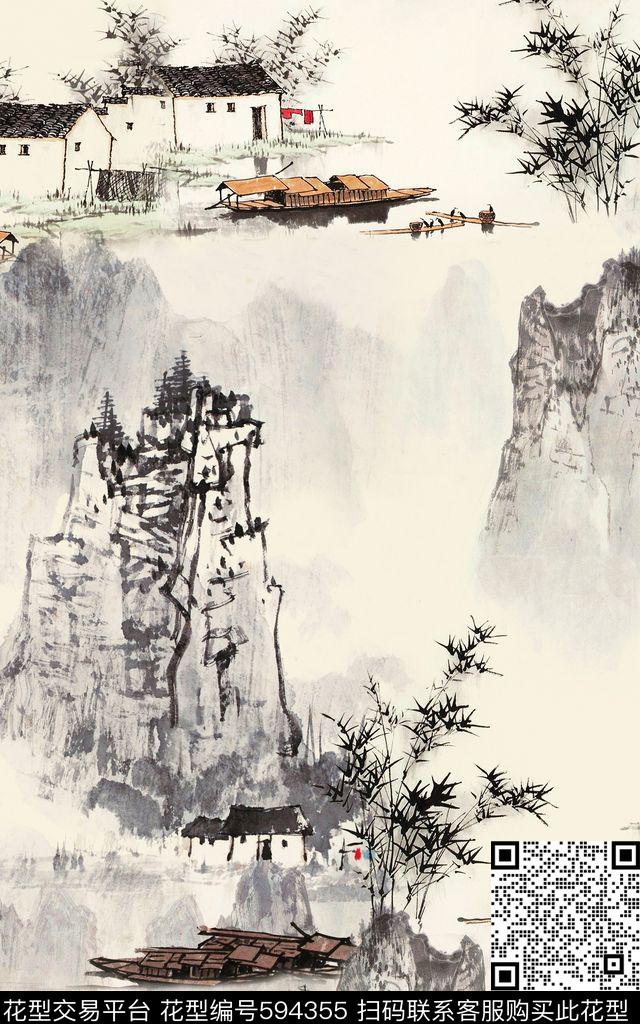 乌篷船素雅中国风数码印花华亿平台下载（图片编号: 594355） - 瓦栏（Walan）