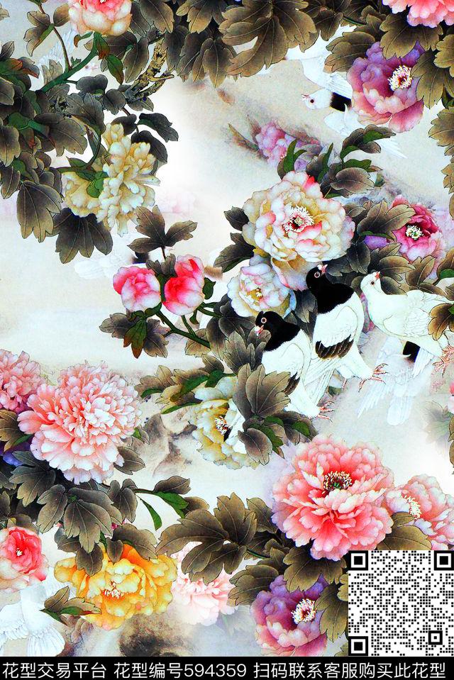 牡丹花朵花卉数码印花华亿平台下载（图片编号: 594359） - 瓦栏（Walan）
