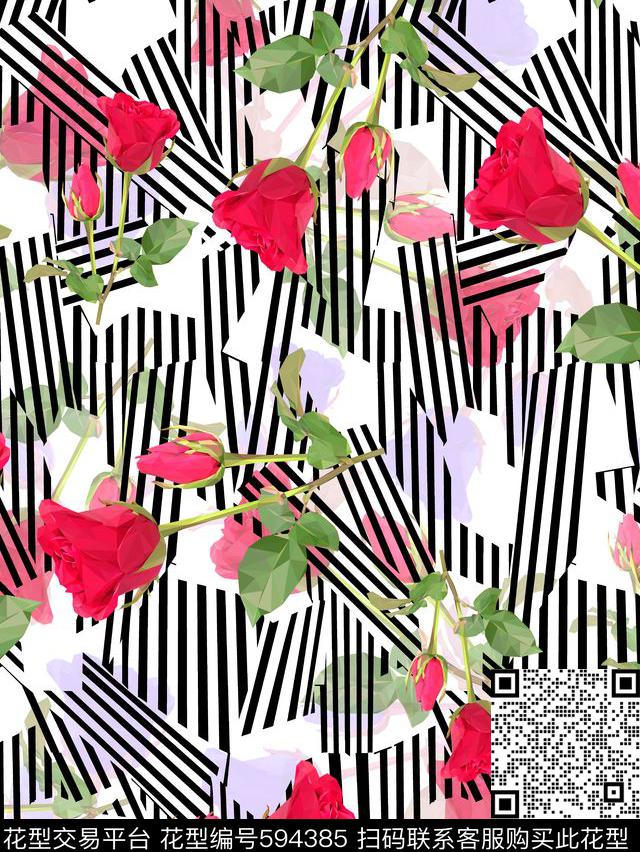 花卉条子条纹数码印花华亿平台下载（图片编号: 594385） - 瓦栏（Walan）