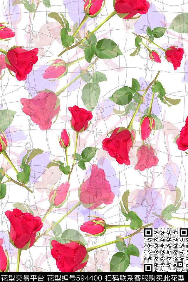 大花手绘线条玫瑰花朵数码印花华亿平台下载（图片编号: 594400） - 瓦栏（Walan）
