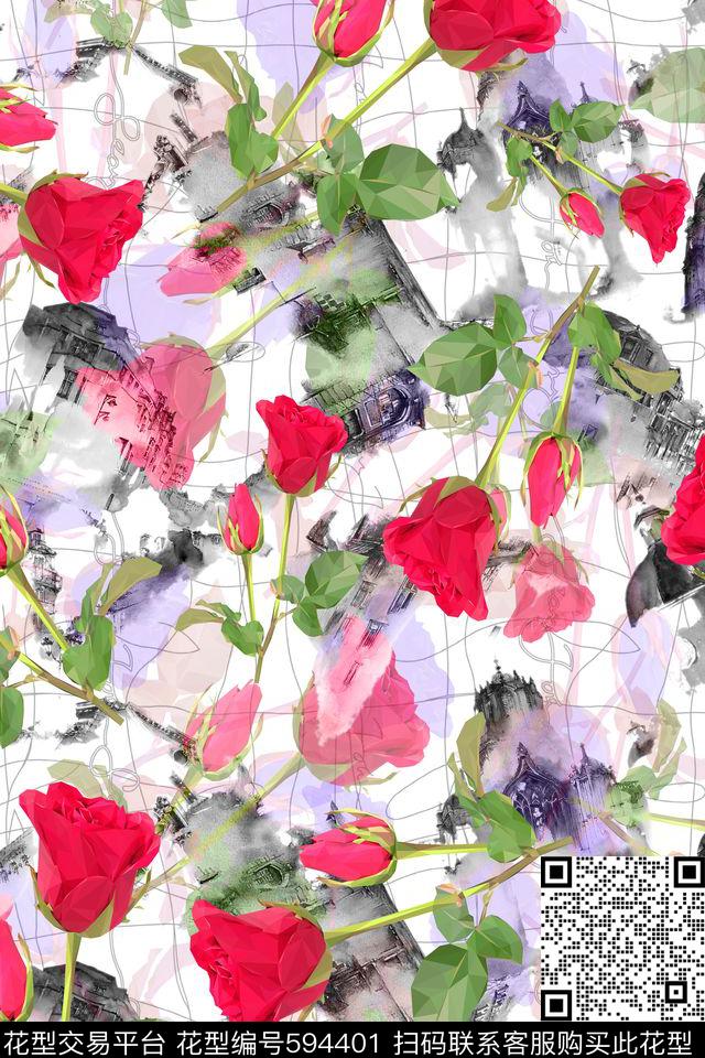 大花手绘线条玫瑰花朵数码印花华亿平台下载（图片编号: 594401） - 瓦栏（Walan）