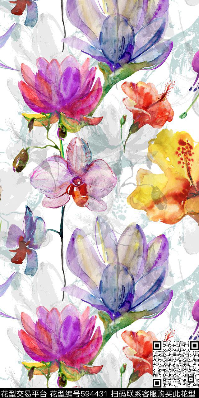 水彩花卉数码印花华亿平台下载（图片编号: 594431） - 瓦栏（Walan）