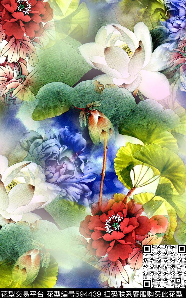 中国风牡丹花荷花数码印花华亿平台下载（图片编号: 594439） - 瓦栏（Walan）