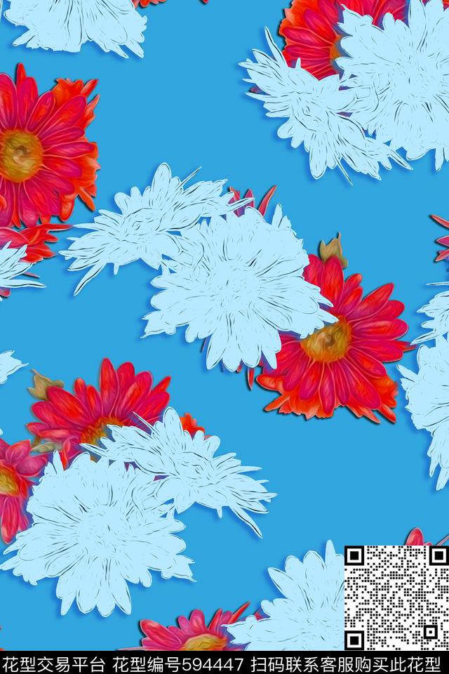 油画花卉菊花线描花数码印花华亿平台下载（图片编号: 594447） - 瓦栏（Walan）